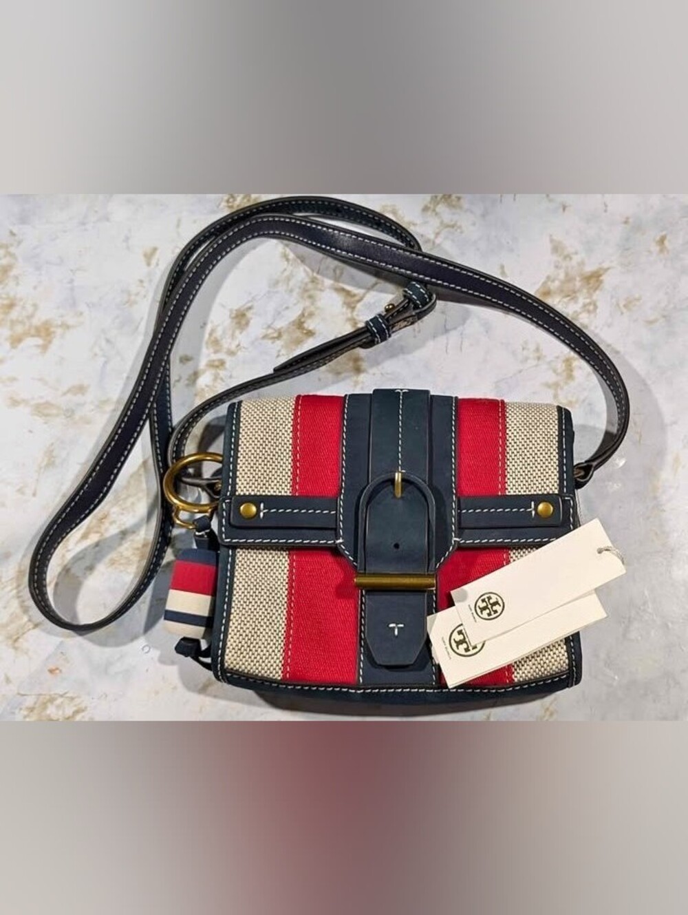 Tory Burch Red, Navy & Cream Striped Buckle Crossbody